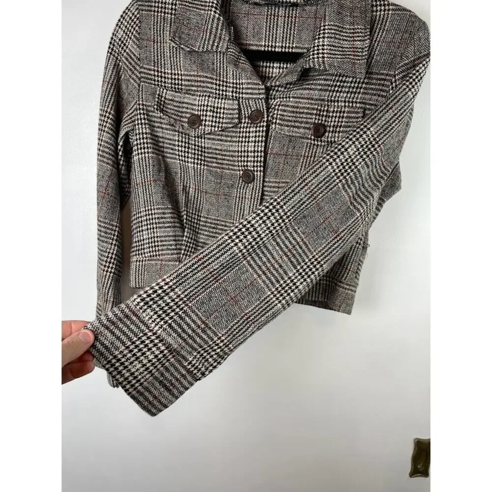 Plaid Jacket Womens Small Cropped Herringbone Shacket Button Light Weight Top